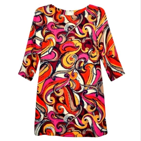 Anthro Maeve Dress Silk Flavia‎ Swirl Shift Mini Pink Orange Mid Century Mod XS - Picture 1 of 14